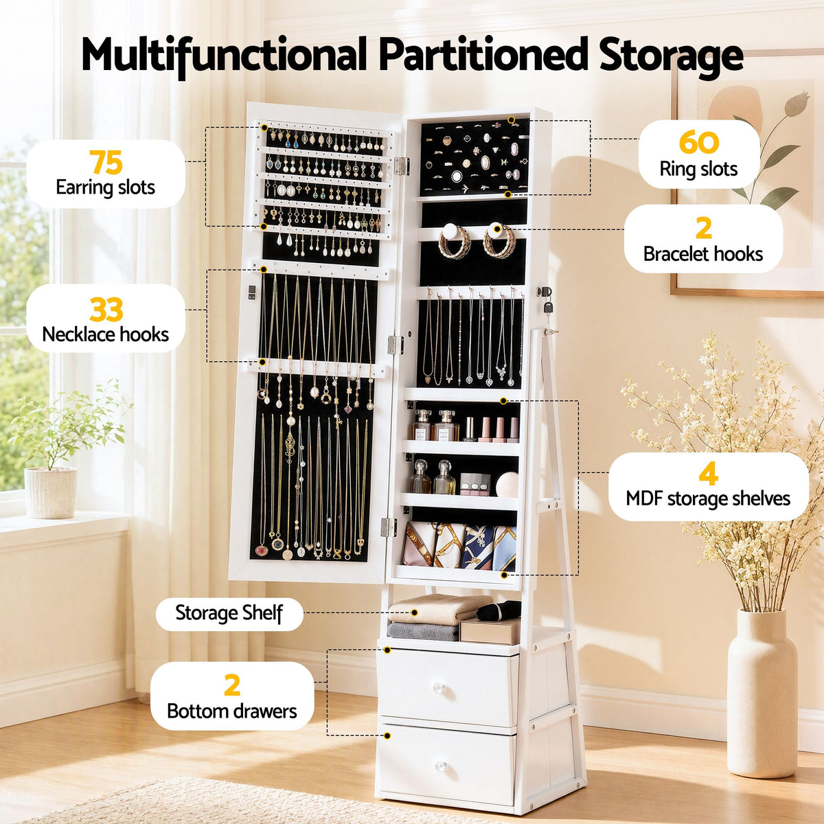 Artiss Lockable Jewellery Armoire with Mirror 154cm Freestanding Cabinet White