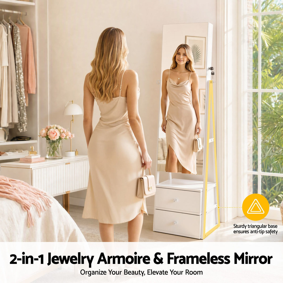 Artiss Lockable Jewellery Armoire with Mirror 154cm Freestanding Cabinet White