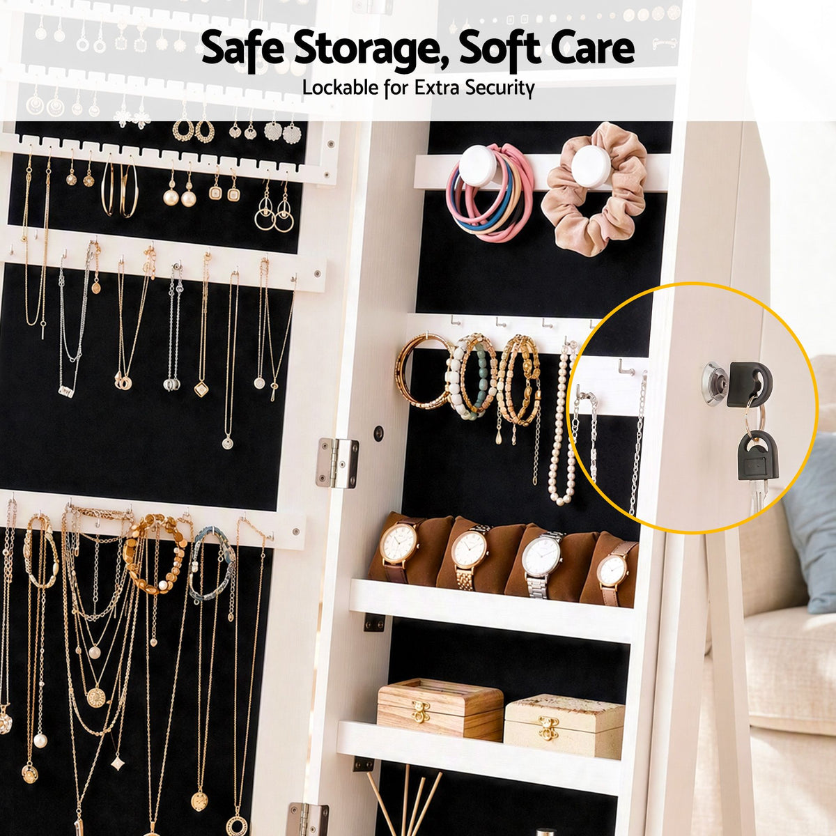 Artiss Lockable Jewellery Armoire with Mirror 154cm Freestanding Cabinet White