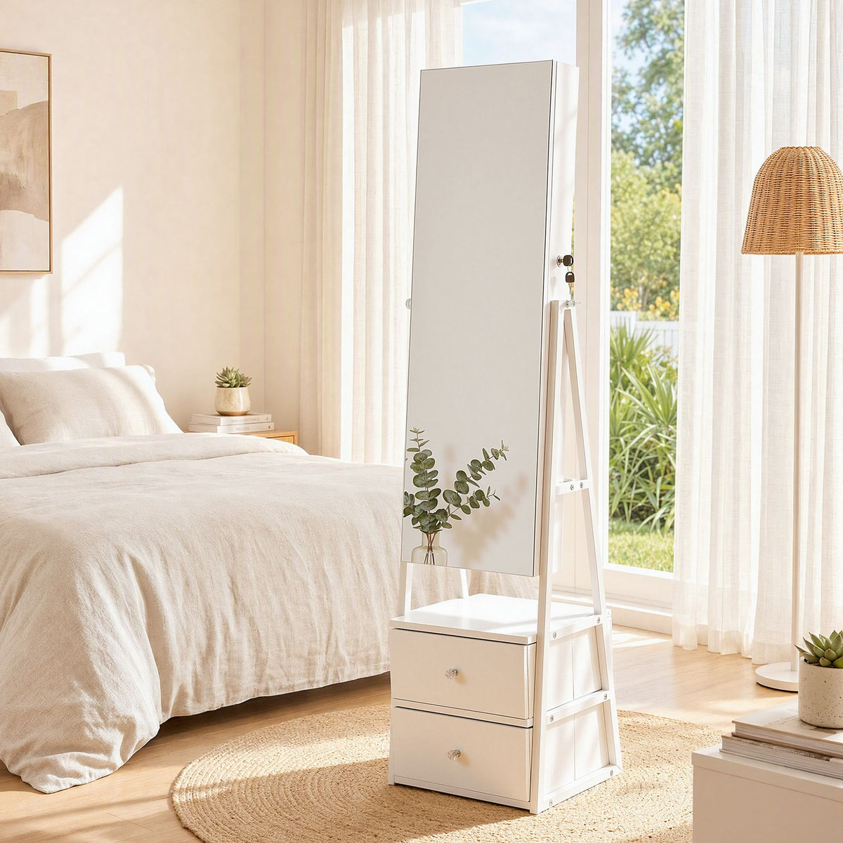 Artiss Lockable Jewellery Armoire with Mirror 154cm Freestanding Cabinet White
