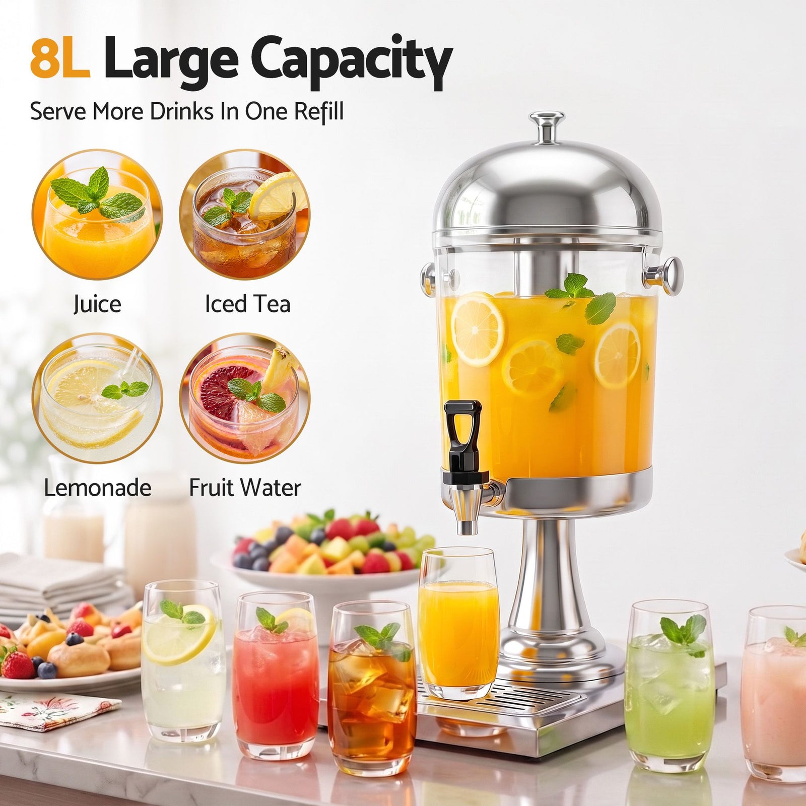 8L Beverage Juice Dispenser Tap Ice Tube Single Drip Tray