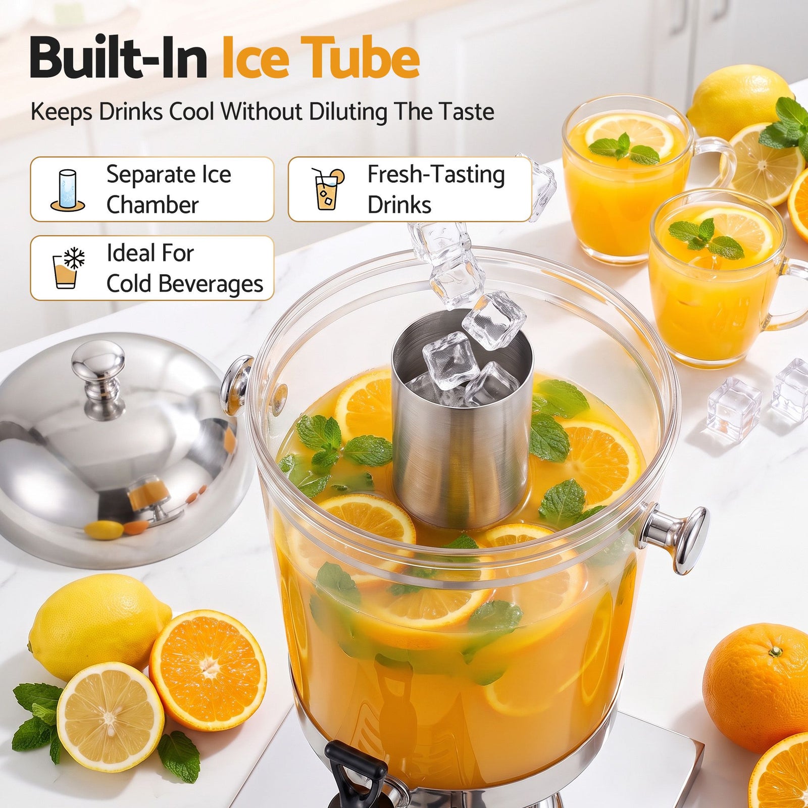 8L Beverage Juice Dispenser Tap Ice Tube Single Drip Tray