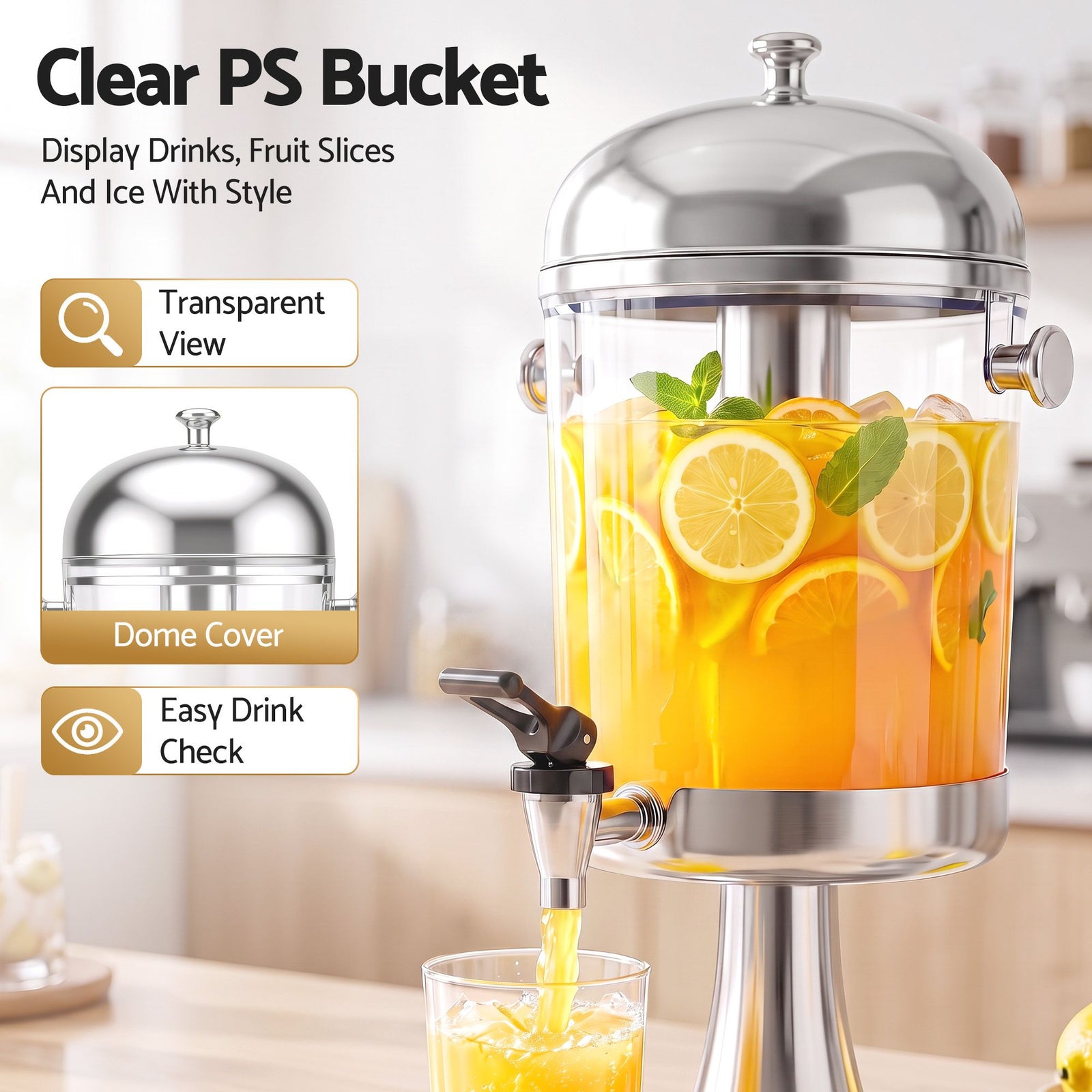 8L Beverage Juice Dispenser Tap Ice Tube Single Drip Tray