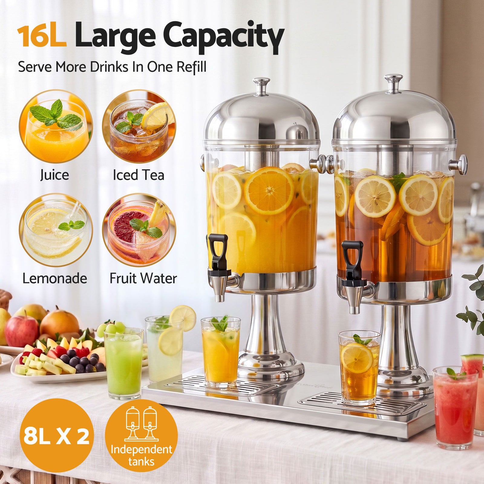 16L Dual Tank Juice Dispenser Drink Beverage Server Ice Tubes