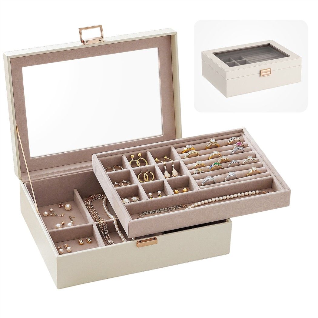 Embellir 2 Layer Jewellery Box with Clear Lid, Ring & Earring Organiser, White