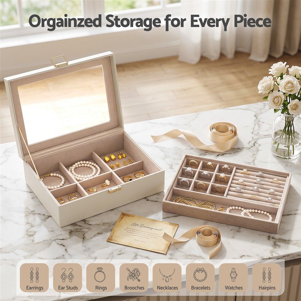 Embellir 2 Layer Jewellery Box with Clear Lid, Ring & Earring Organiser, White