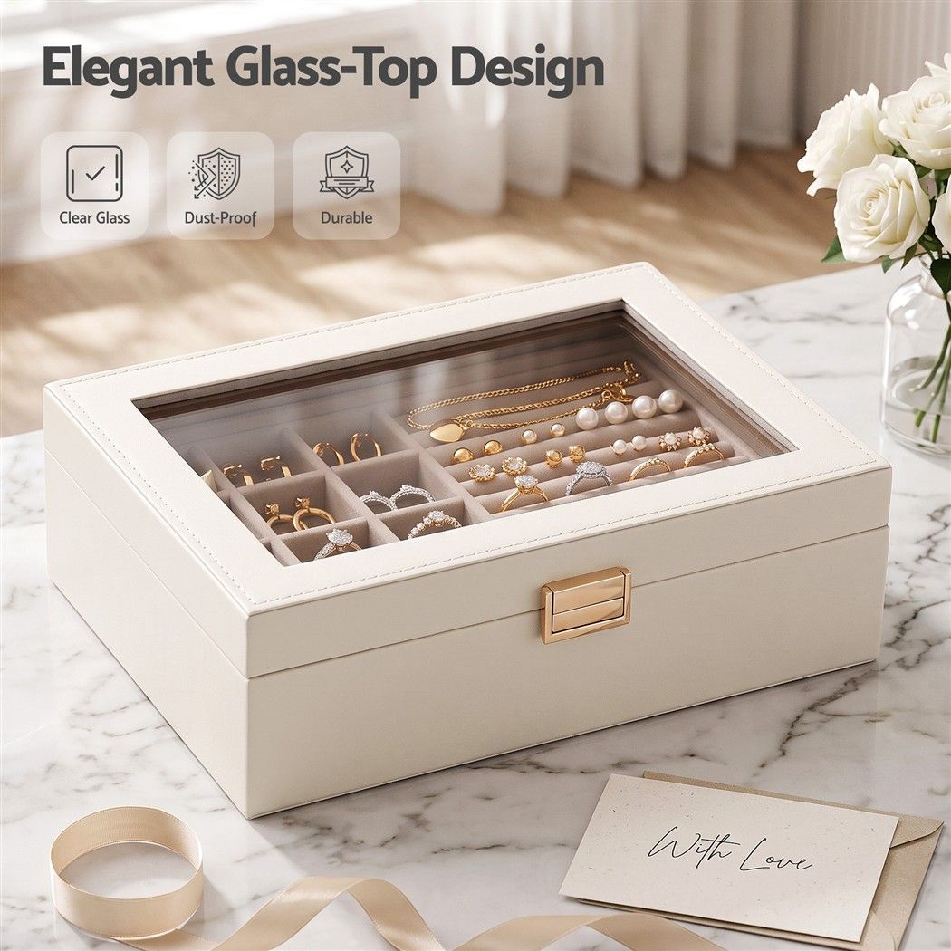 Embellir 2 Layer Jewellery Box with Clear Lid, Ring & Earring Organiser, White
