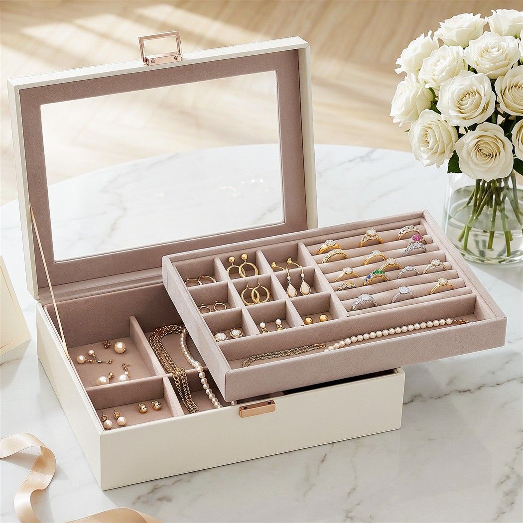 Embellir 2 Layer Jewellery Box with Clear Lid, Ring & Earring Organiser, White