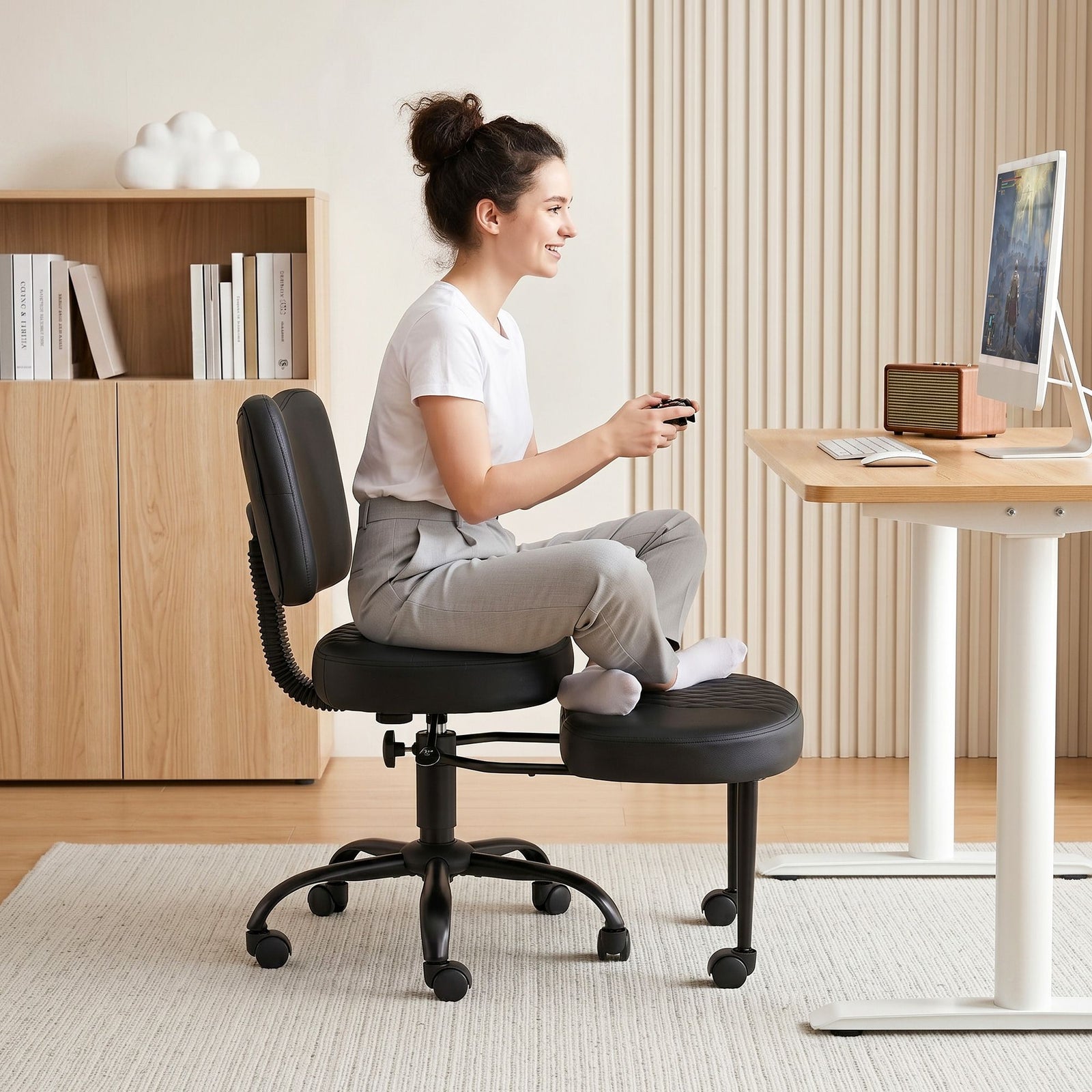 Artiss Meditation Kneeling Chair – Cross‑Legged Seat, Adjustable, PU Leather Black