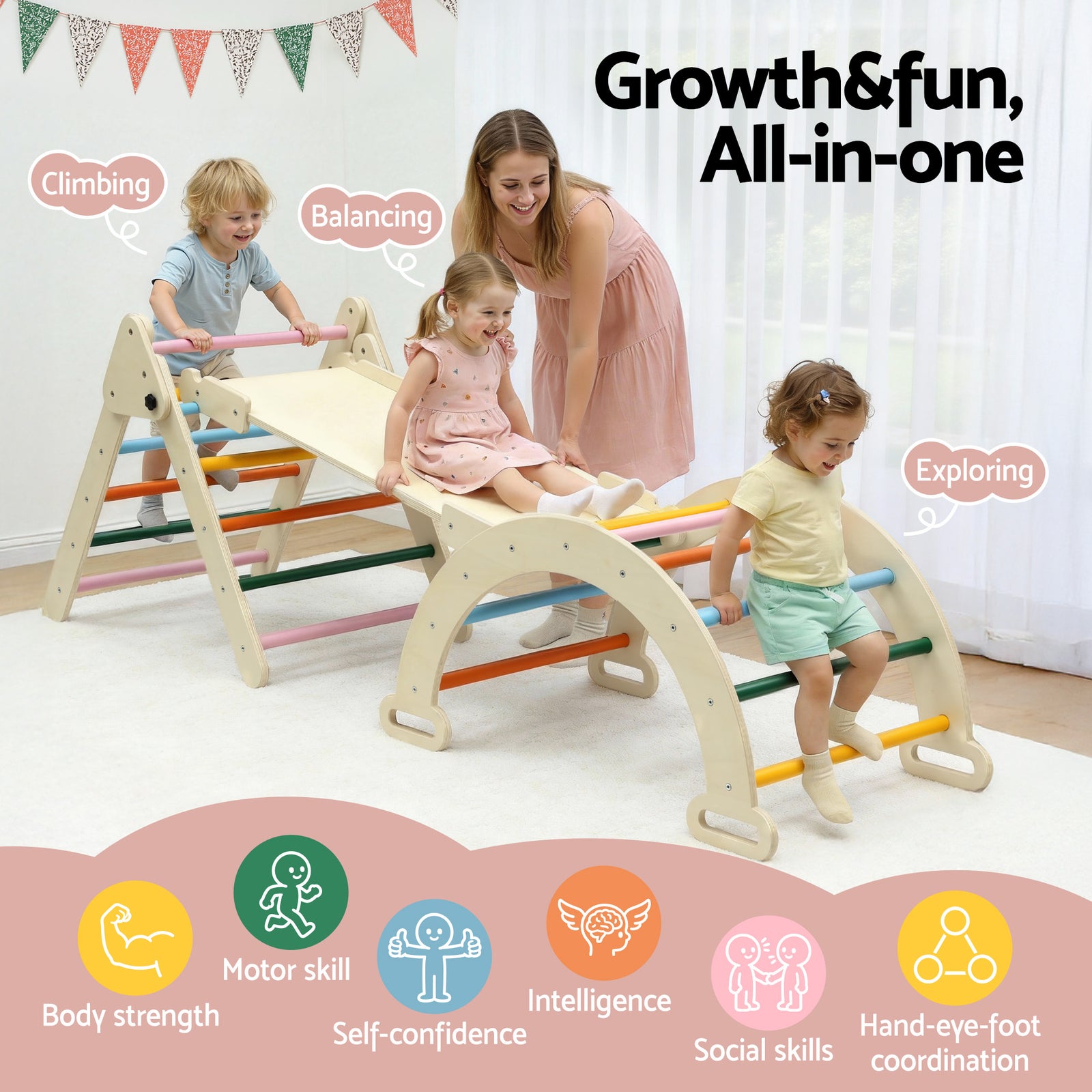 Kids Triangle Climbing Toys Set With Slide Indoor Outdoor Toddler Toys Pikler Climber With Arch