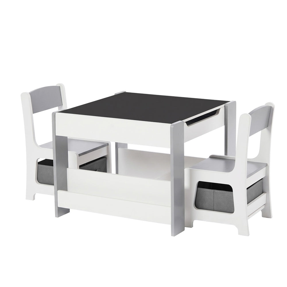 Oikiture Kids Chalkboard Table and Chairs Set with Storage Grey