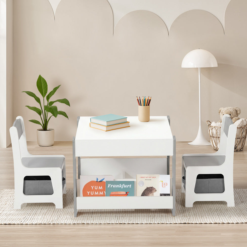 Oikiture Kids Chalkboard Table and Chairs Set with Storage Grey