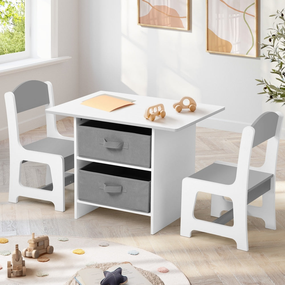 Oikiture Kids Table and Chair Set with Storage Bins White & Grey