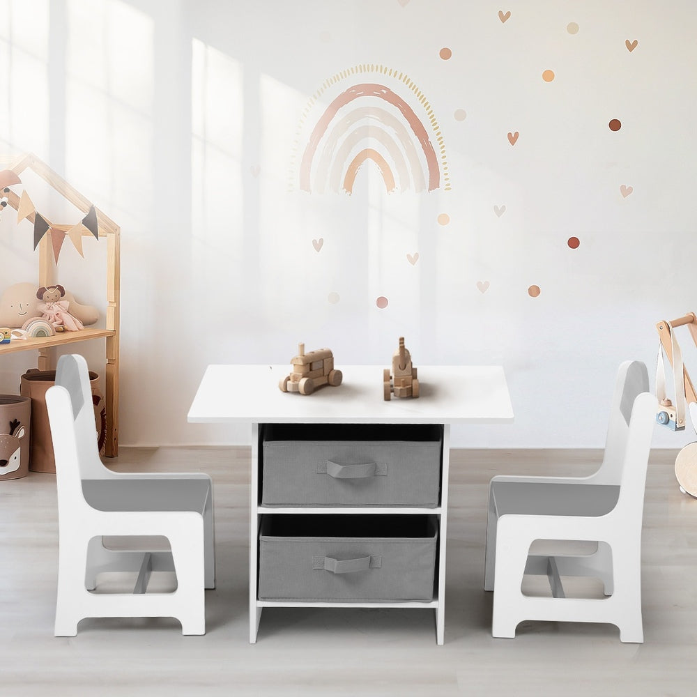 Kids Table & Chairs Set – Wide Tabletop, Storage Bins, Grey/White
