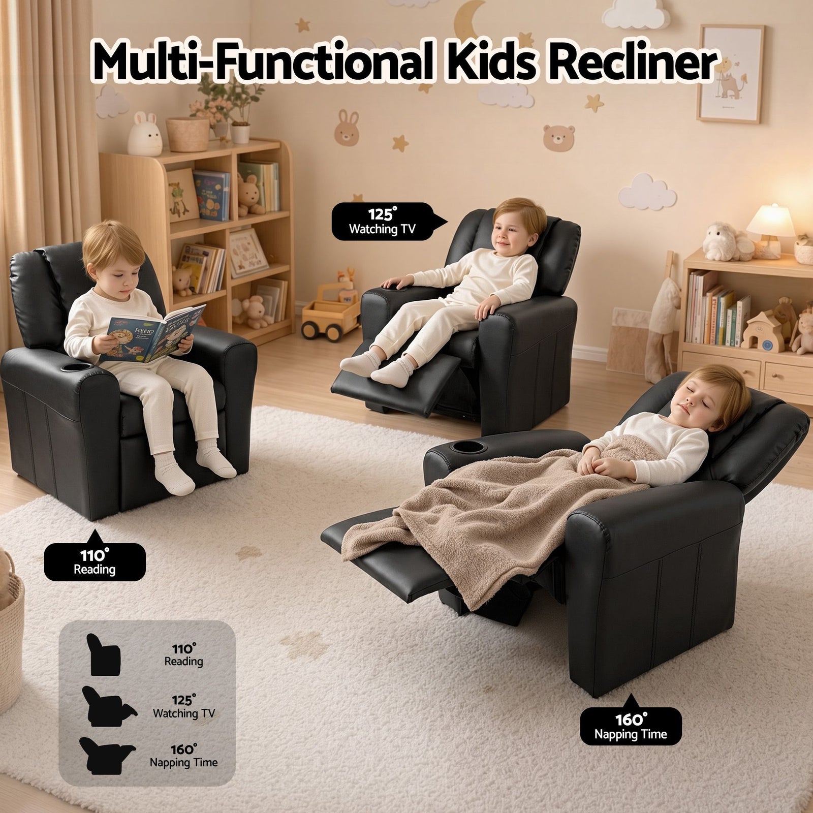 Keezi Kids Recliner Chair Black PU Leather Sofa Lounge Couch Children Armchair