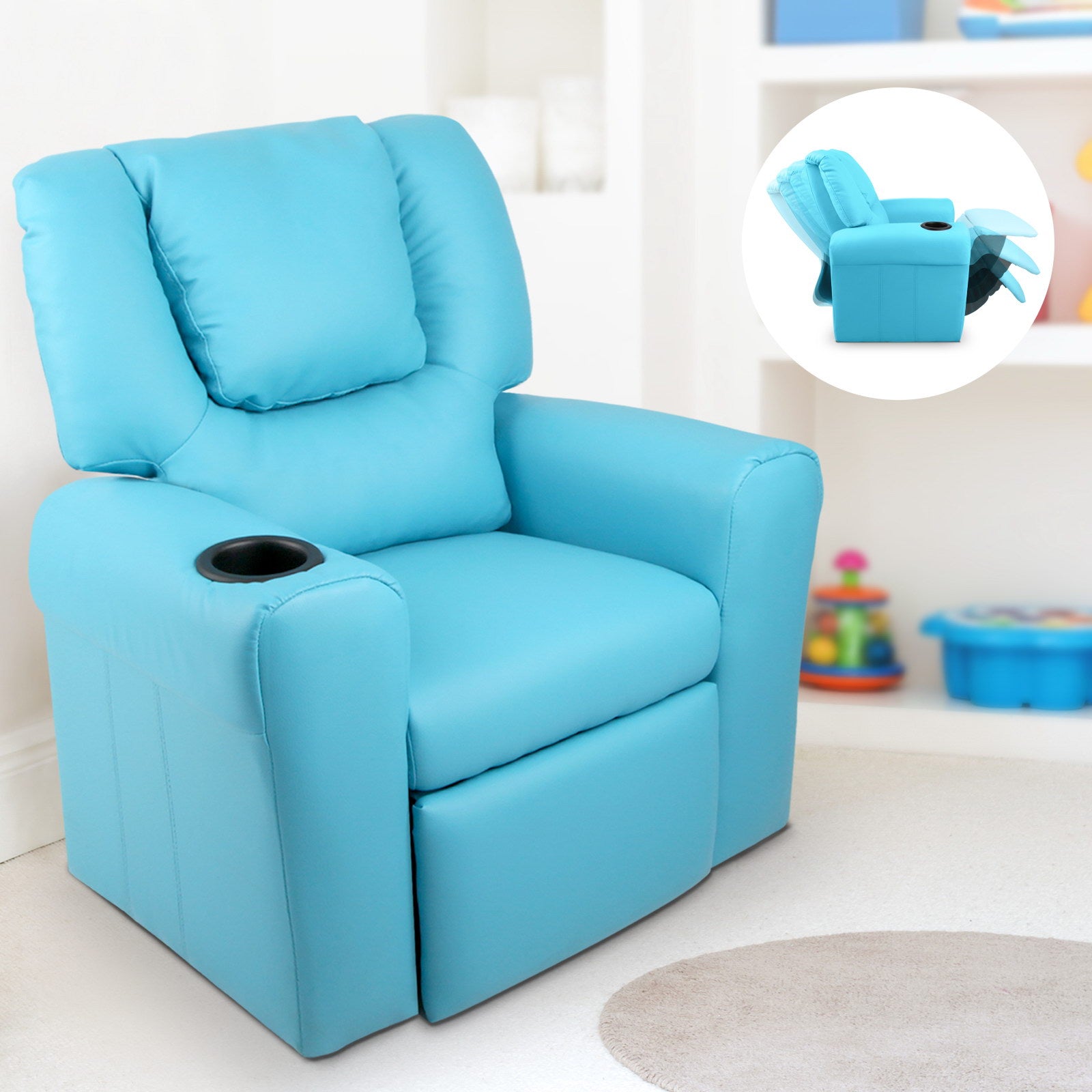 Kids Recliner Chair PU Leather Sofa Lounge Couch Children Armchair Blue