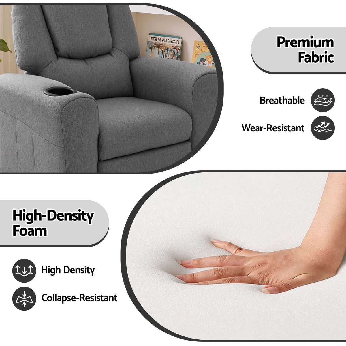 Kids Recliner Chair Grey Linen Soft Sofa Lounge Couch Children Armchair