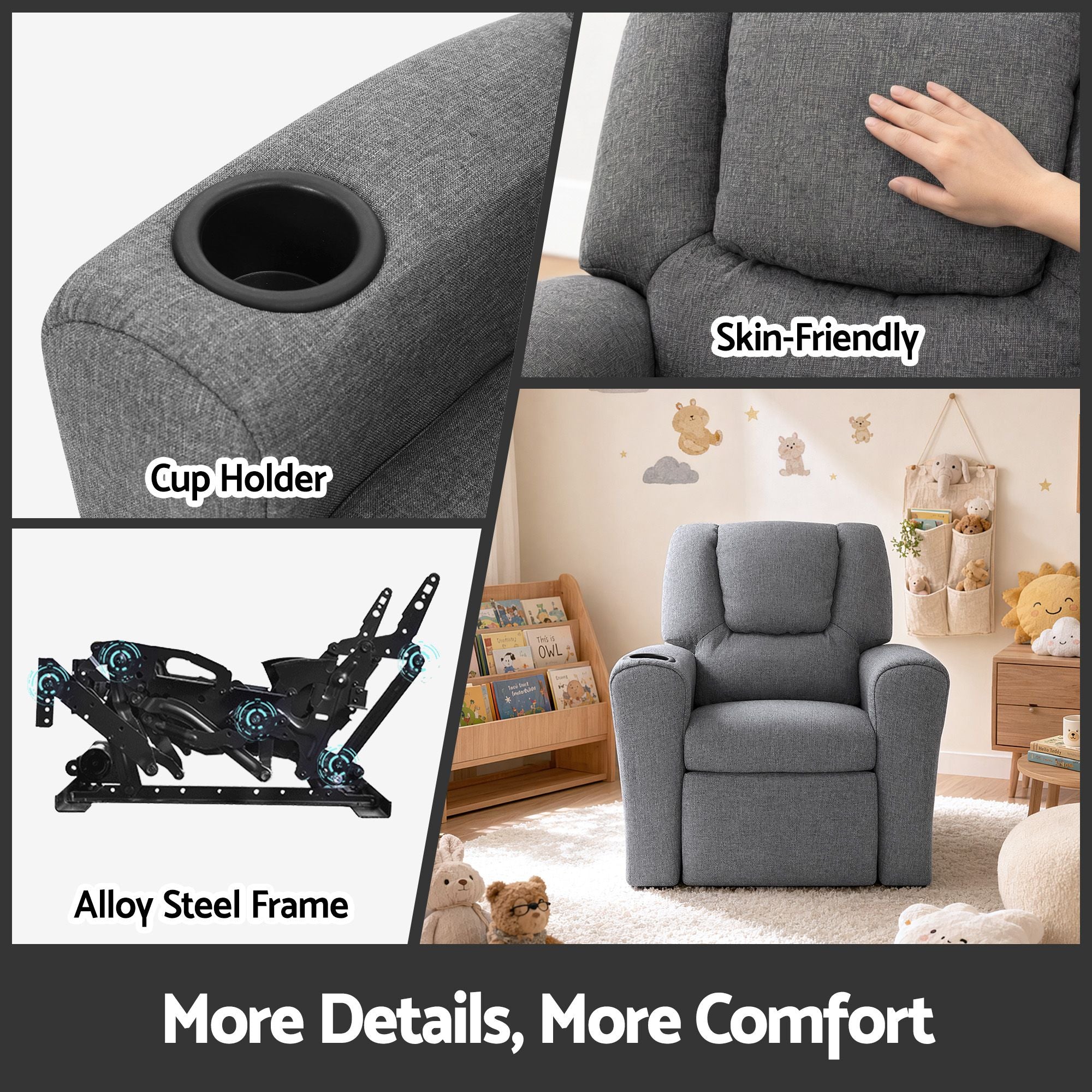 Kids Recliner Chair Grey Linen Soft Sofa Lounge Couch Children Armchair