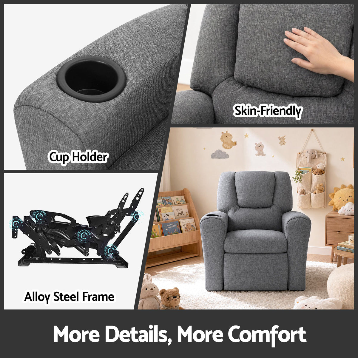 Kids Recliner Chair Grey Linen Soft Sofa Lounge Couch Children Armchair