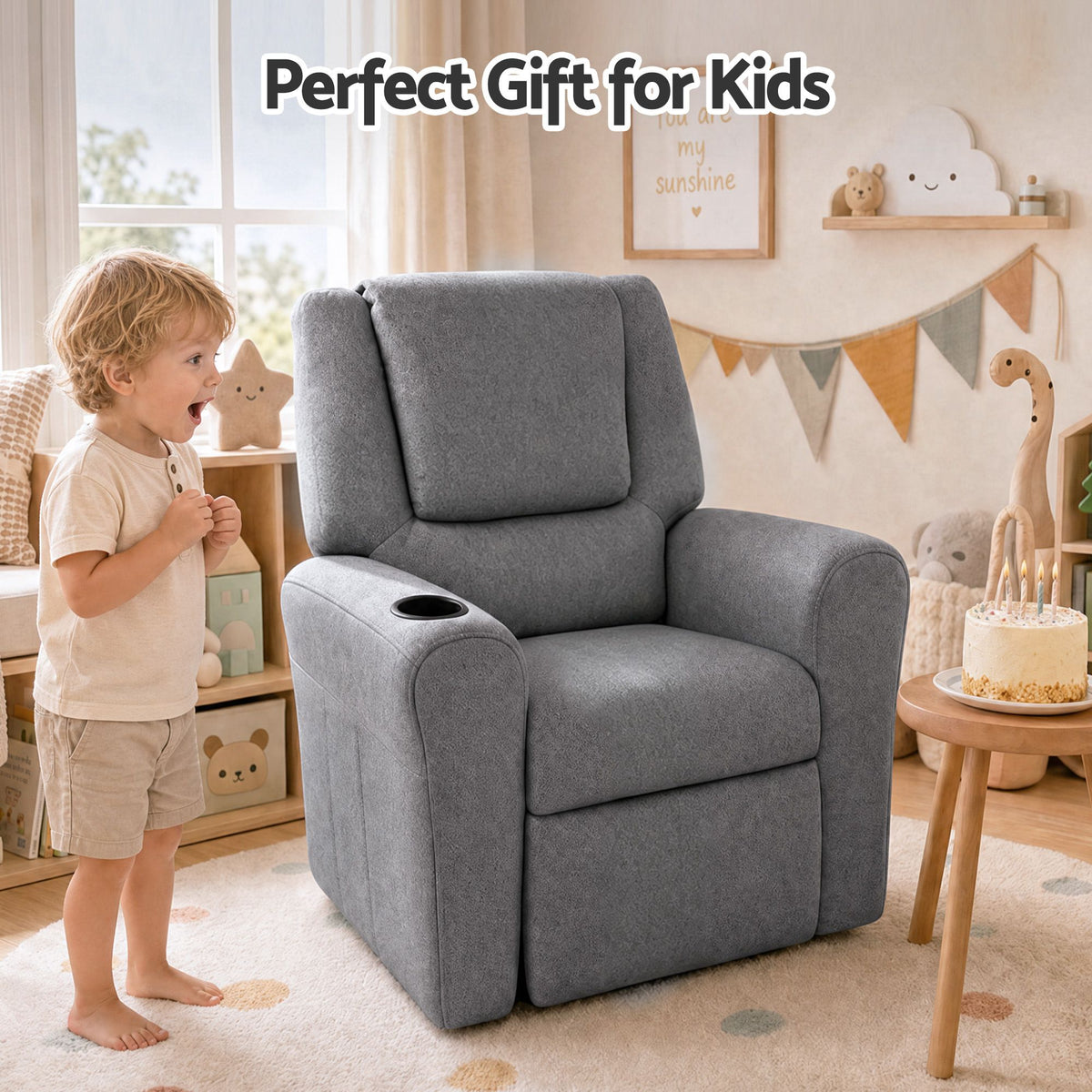 Kids Recliner Chair Grey Linen Soft Sofa Lounge Couch Children Armchair