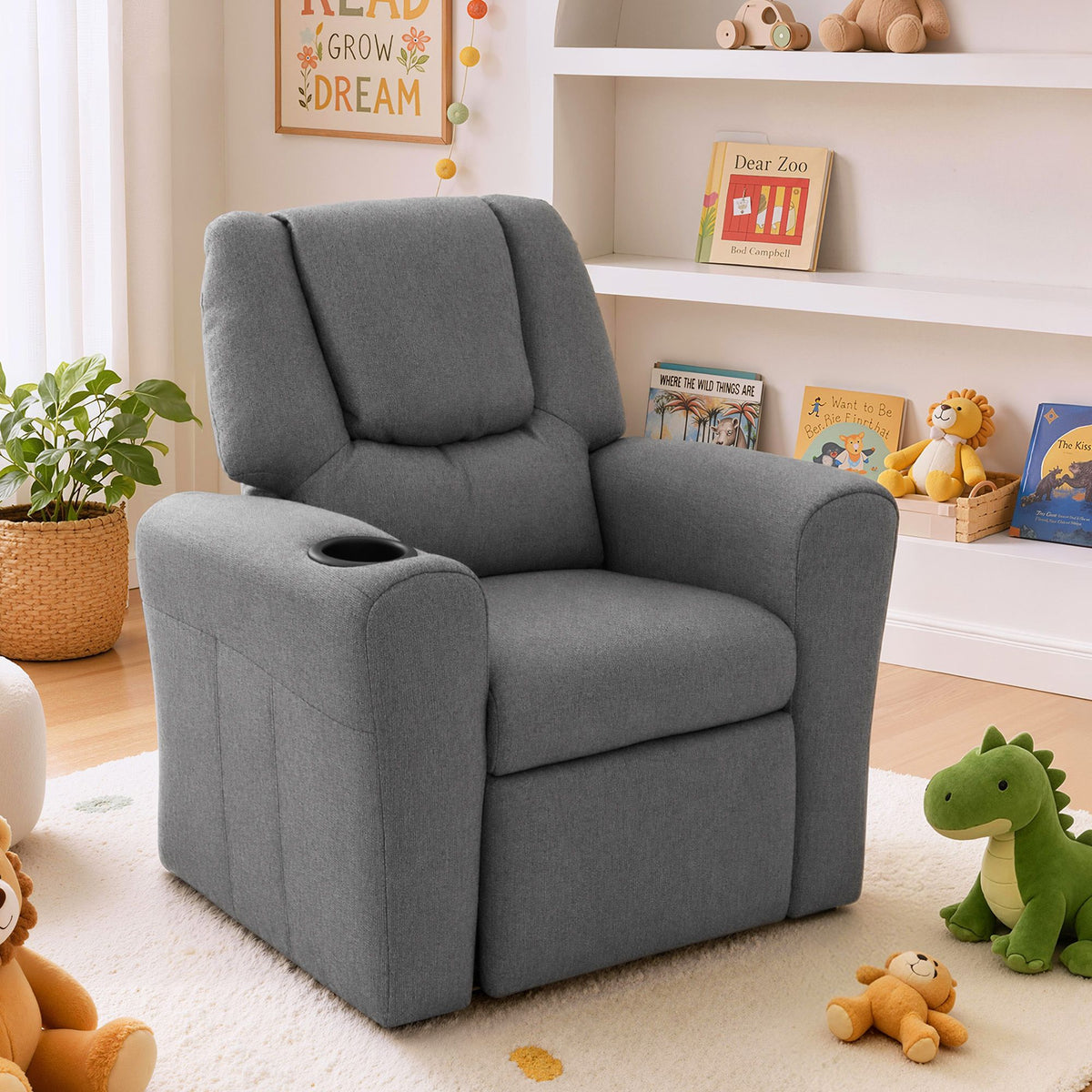 Kids Recliner Chair Grey Linen Soft Sofa Lounge Couch Children Armchair