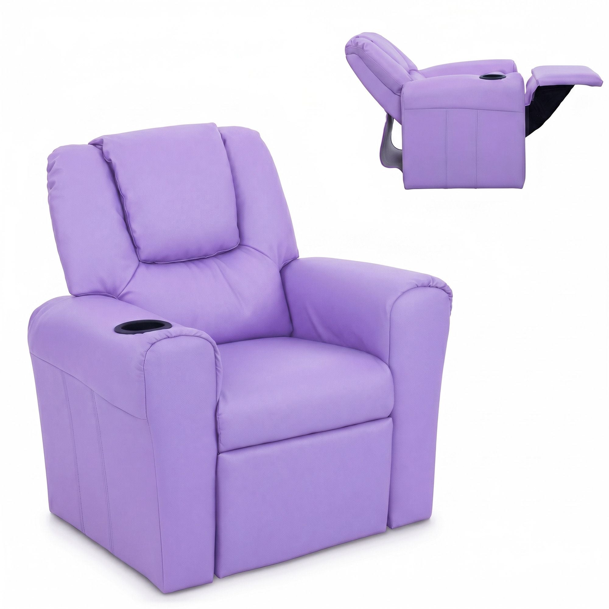 Kids Recliner Chair – PU Leather, 9cm Padding, Cup Holder, Purple