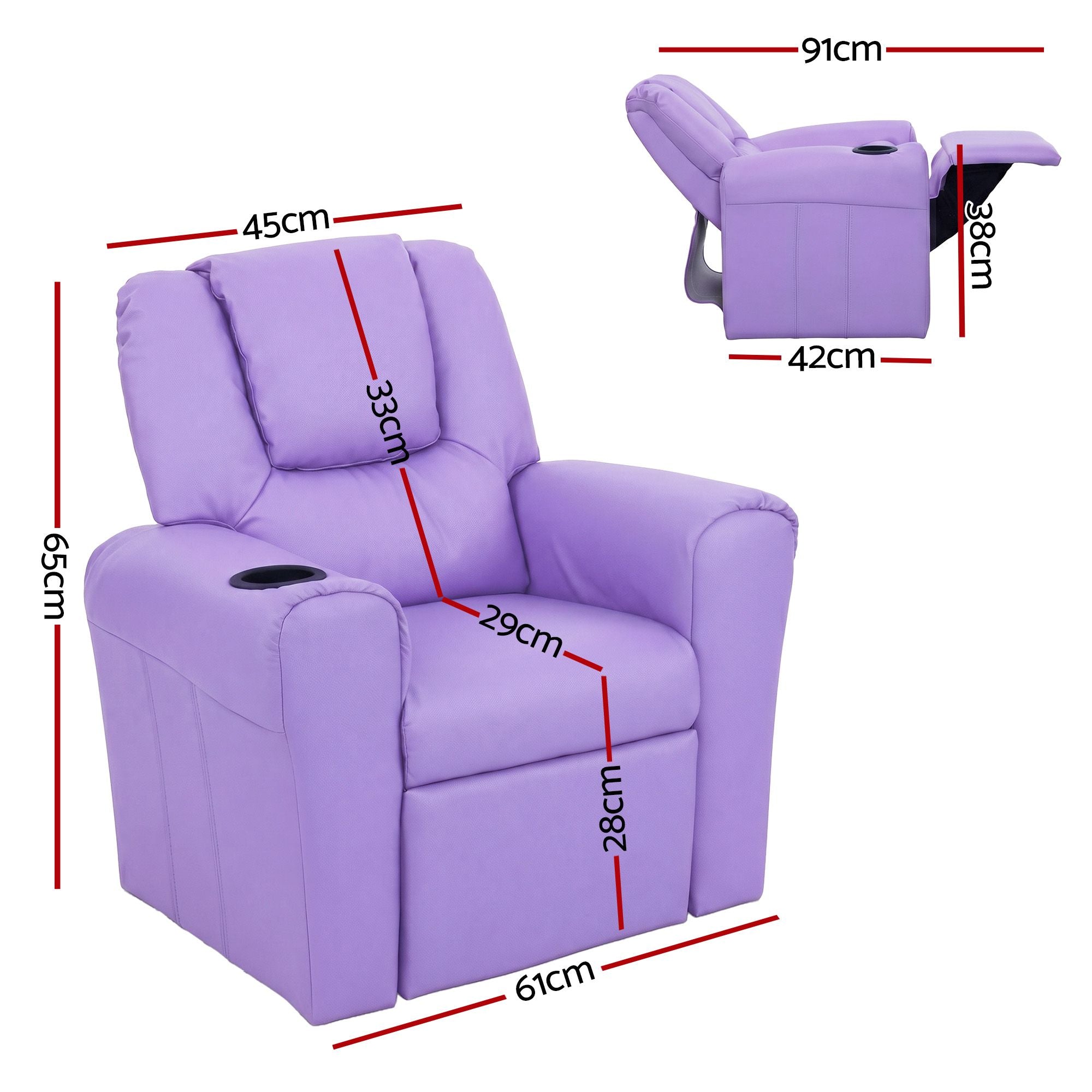 Kids Recliner Chair – PU Leather, 9cm Padding, Cup Holder, Purple