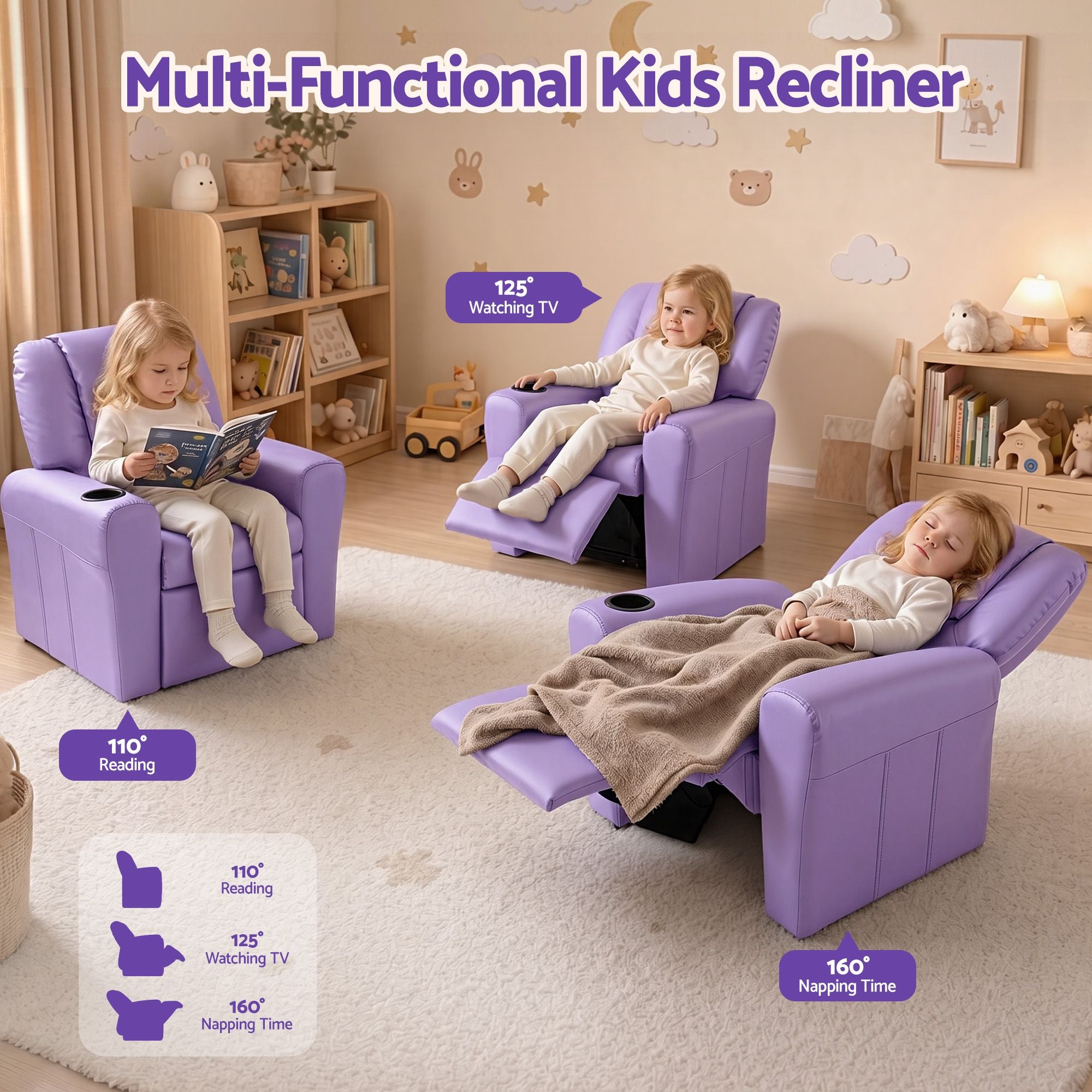 Kids Recliner Chair – PU Leather, 9cm Padding, Cup Holder, Purple