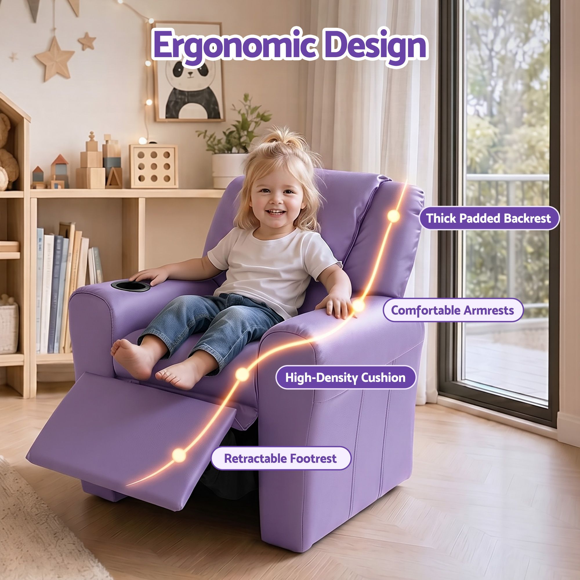 Kids Recliner Chair – PU Leather, 9cm Padding, Cup Holder, Purple
