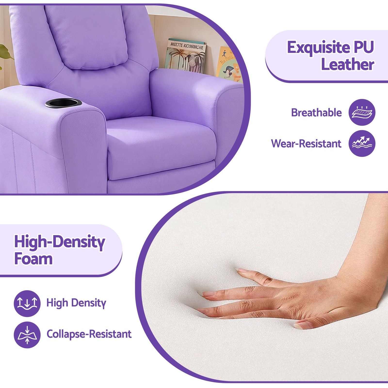 Kids Recliner Chair – PU Leather, 9cm Padding, Cup Holder, Purple