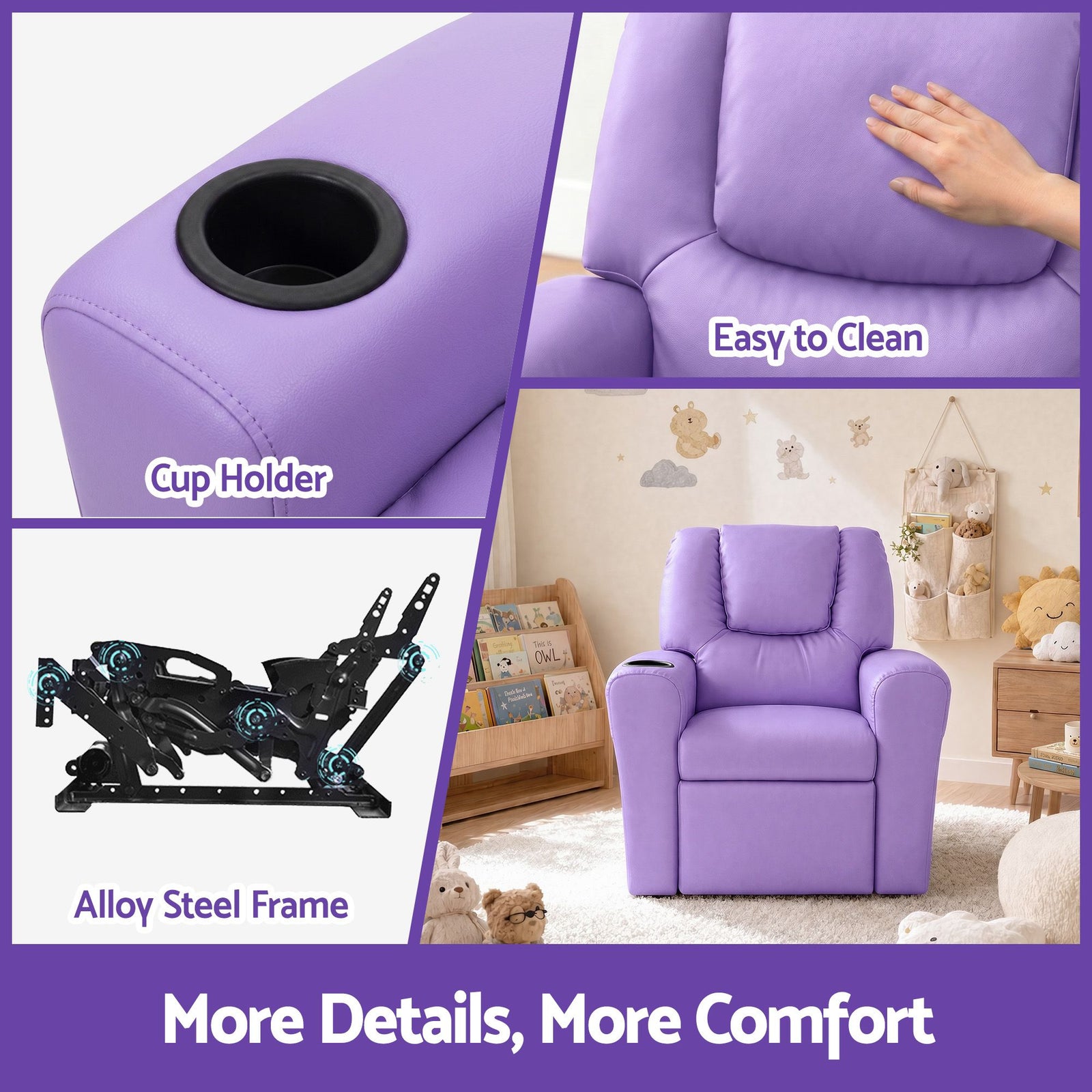 Kids Recliner Chair – PU Leather, 9cm Padding, Cup Holder, Purple