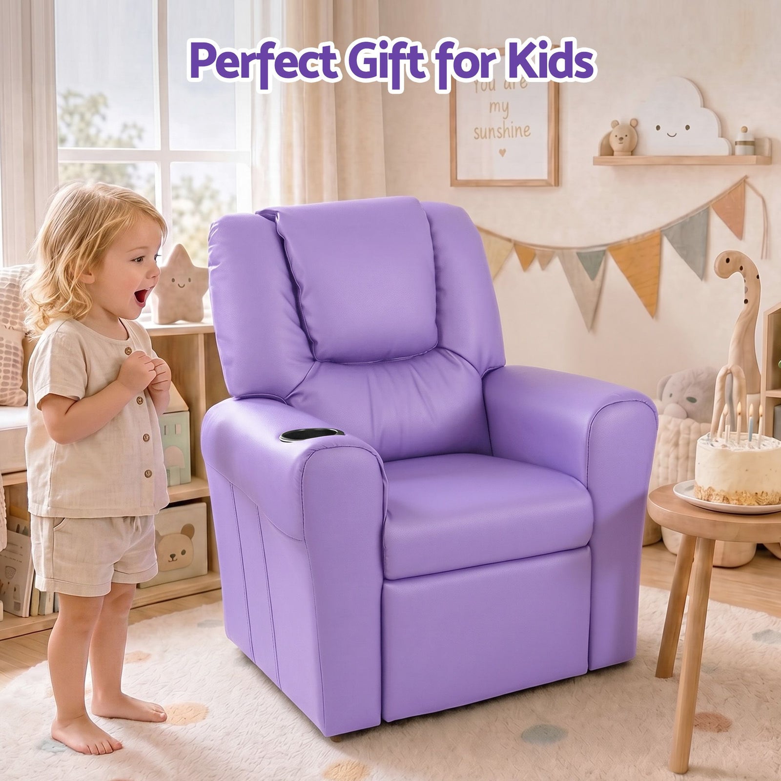 Kids Recliner Chair – PU Leather, 9cm Padding, Cup Holder, Purple