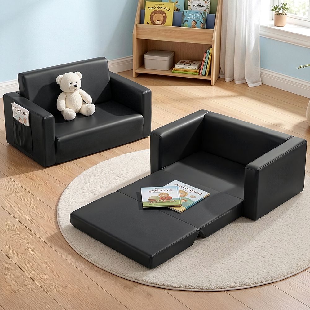 Kids 2 Seater Fold Out Sofa Bed PU Leather Couch Black