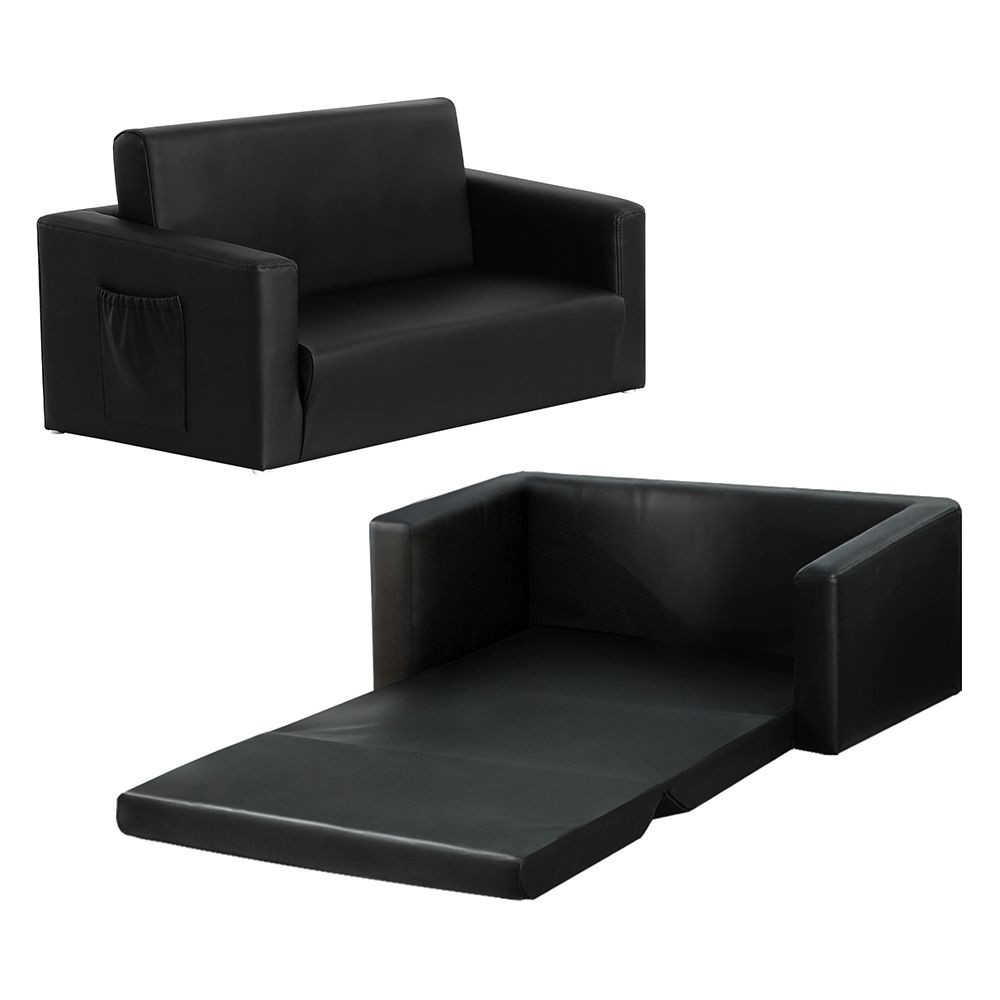 Kids 2 Seater Fold Out Sofa Bed PU Leather Couch Black