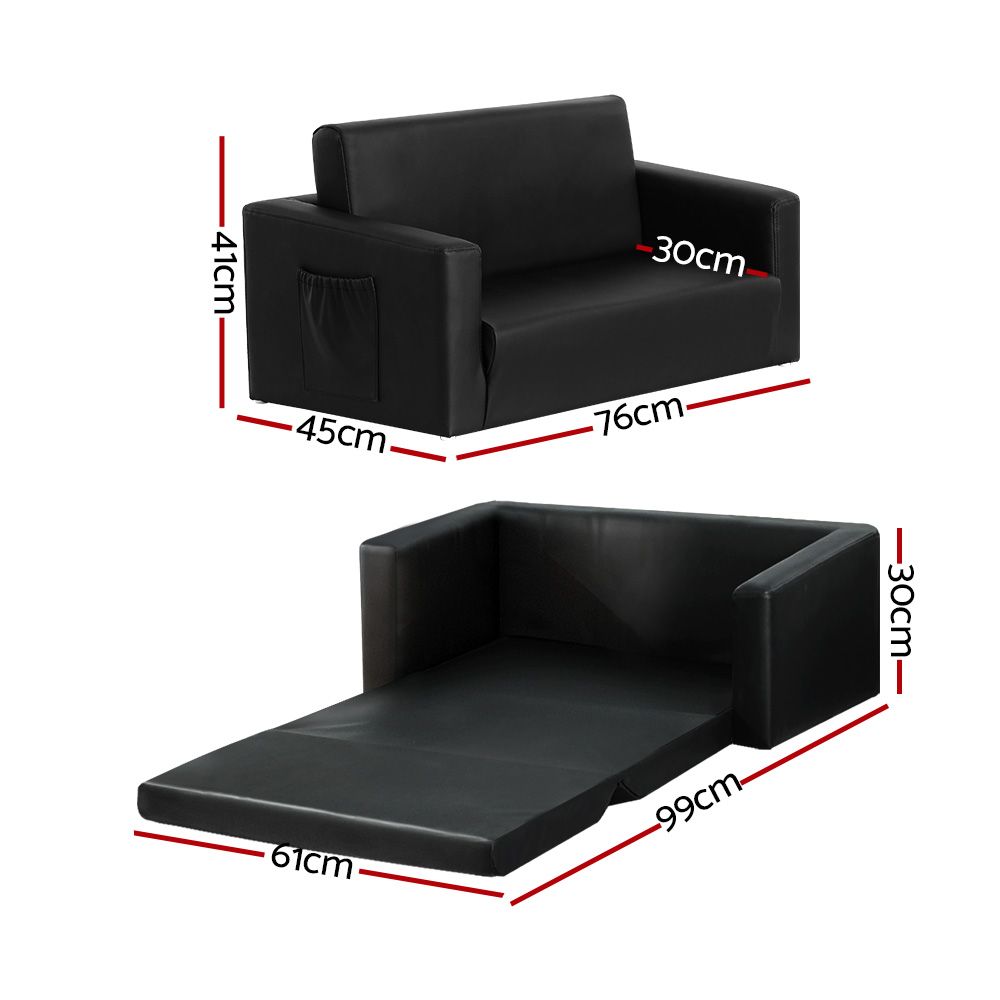 Kids 2 Seater Fold Out Sofa Bed PU Leather Couch Black