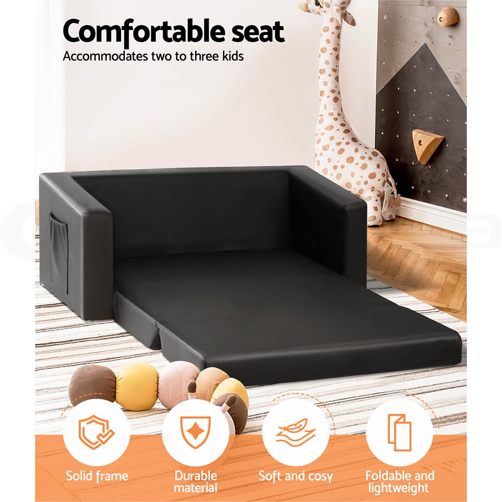 Kids 2 Seater Fold Out Sofa Bed PU Leather Couch Black