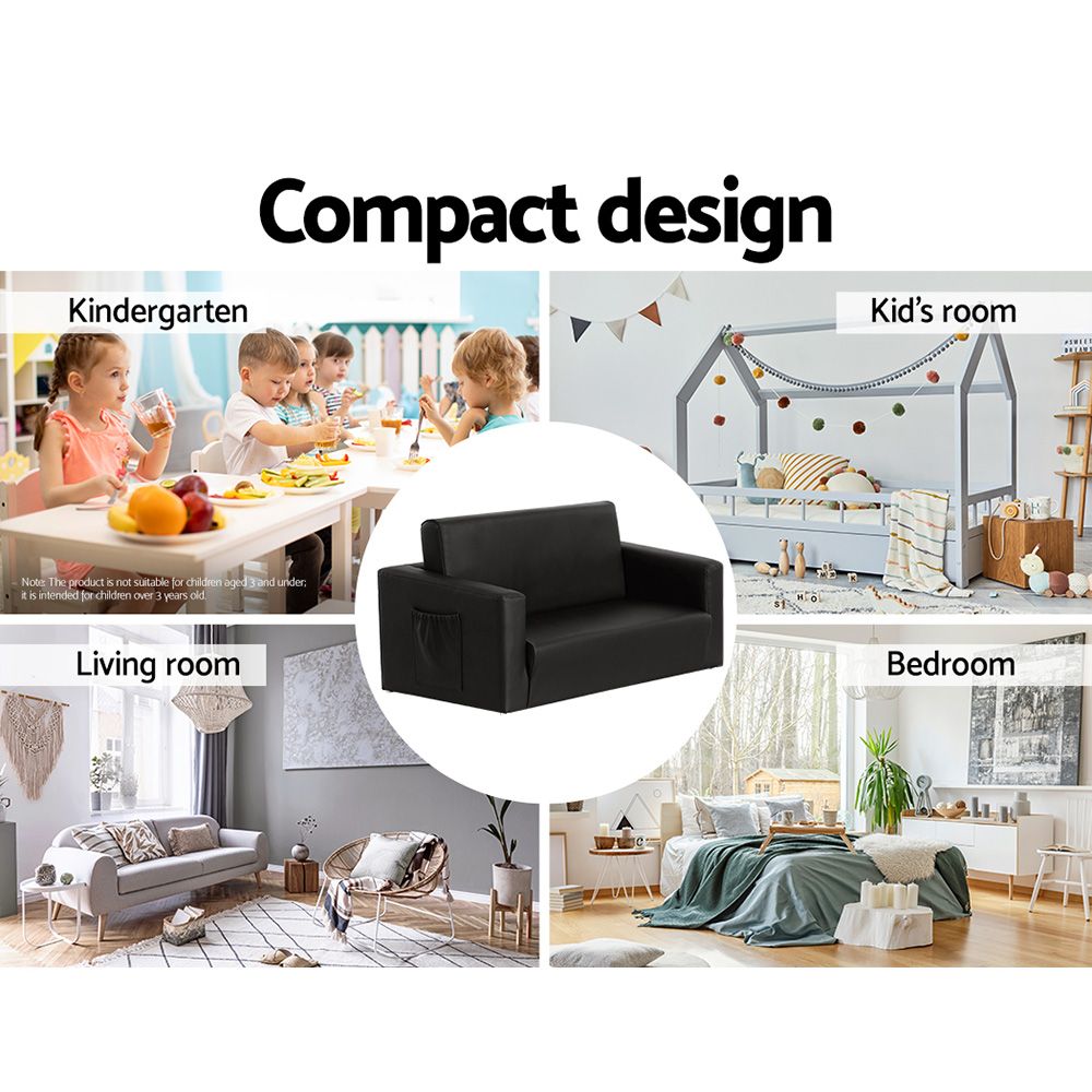 Kids 2 Seater Fold Out Sofa Bed PU Leather Couch Black