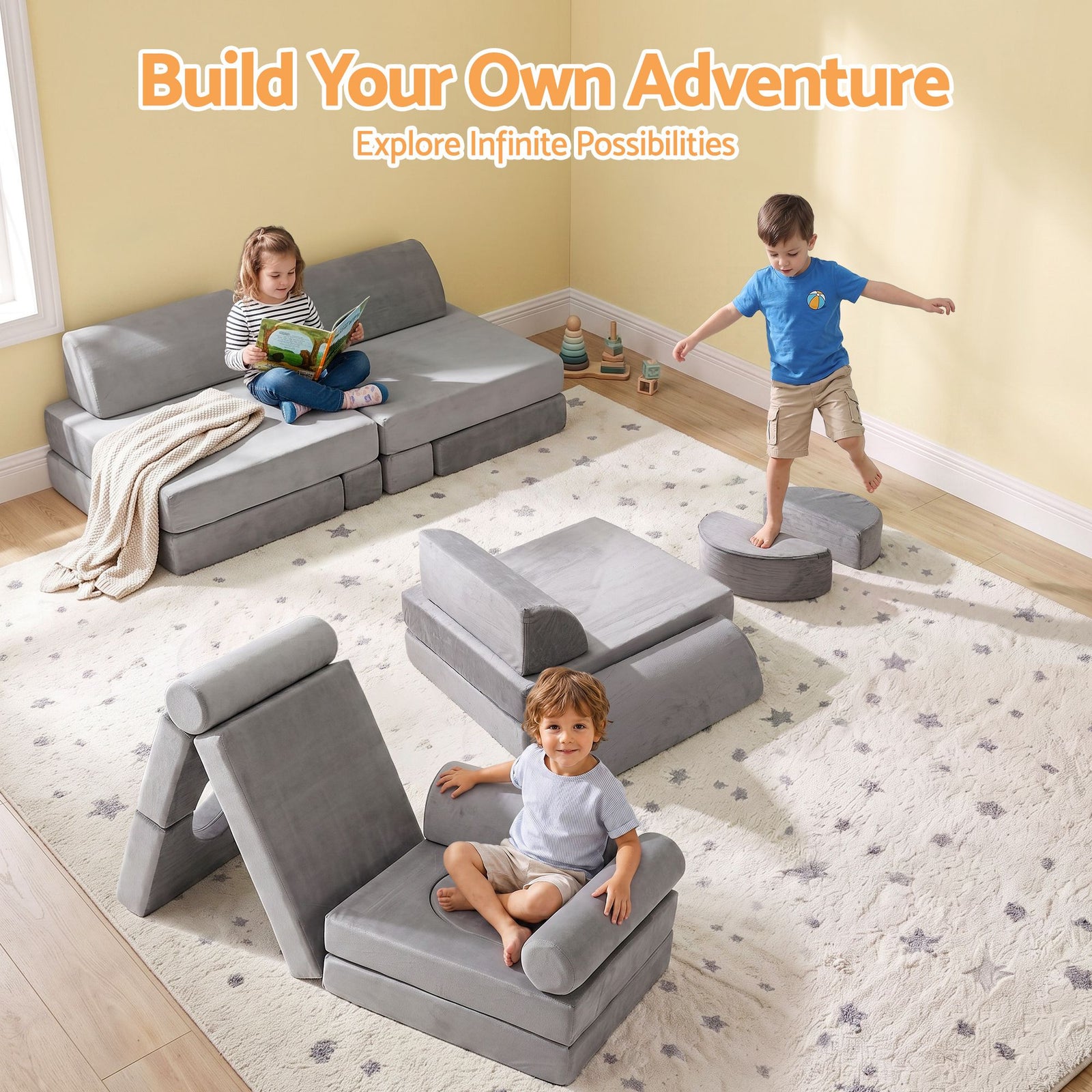 Keezi 12PCS Modular Kids Play Couch Foam Sofa Set with Removable Washable Cover Grey Playroom