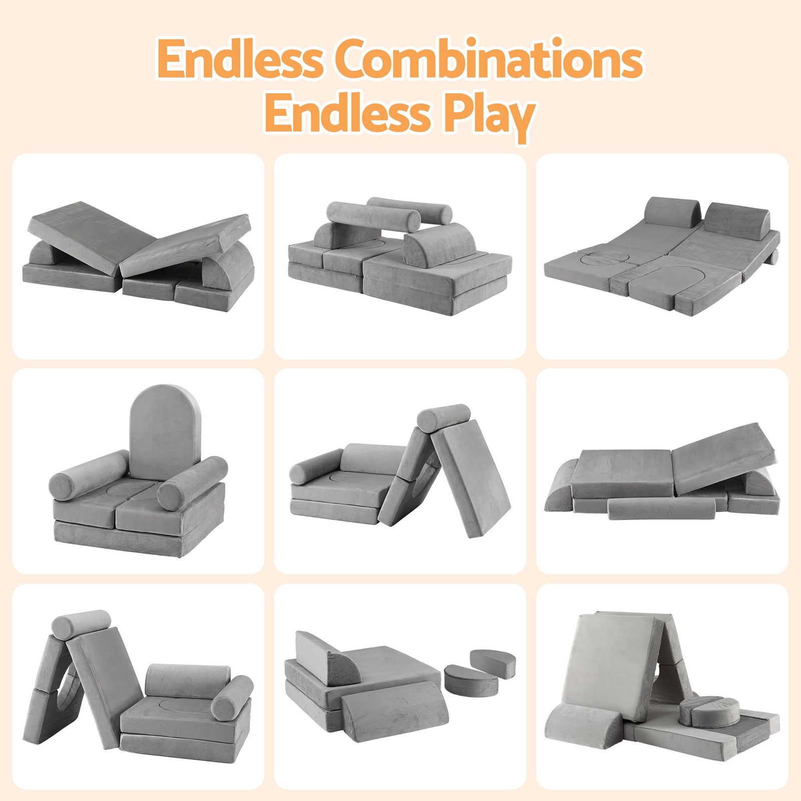 Keezi 12PCS Modular Kids Play Couch Foam Sofa Set with Removable Washable Cover Grey Playroom