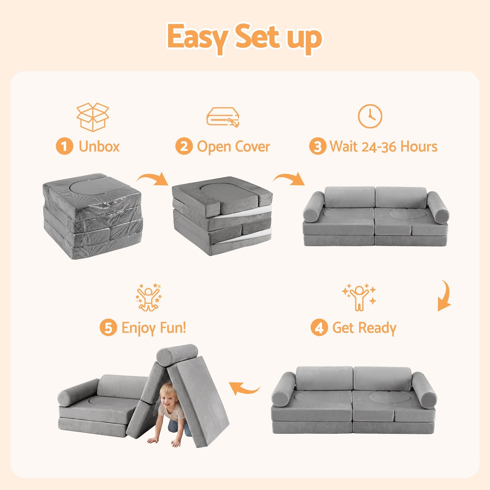 Keezi 12PCS Modular Kids Play Couch Foam Sofa Set with Removable Washable Cover Grey Playroom