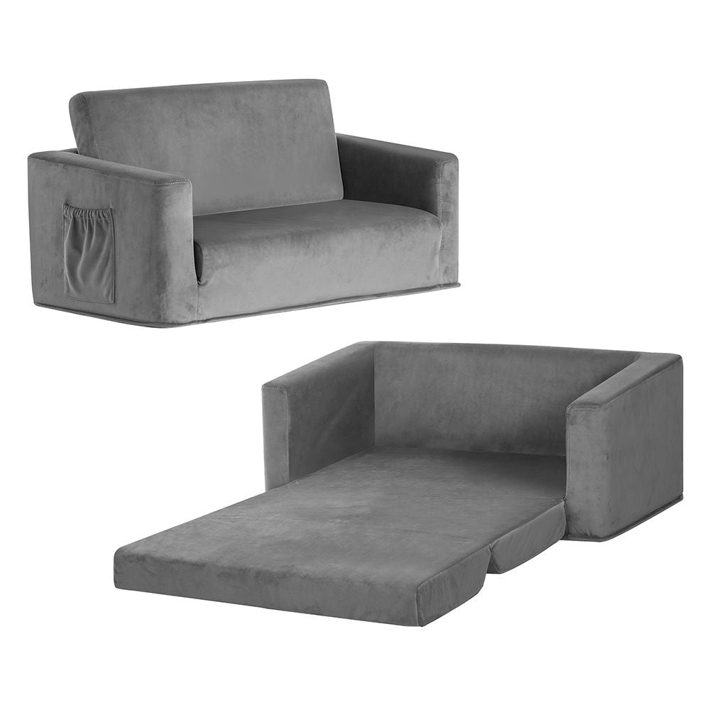 Kids 2 Seater Fold Out Sofa Bed Velvet Couch Grey Armchair