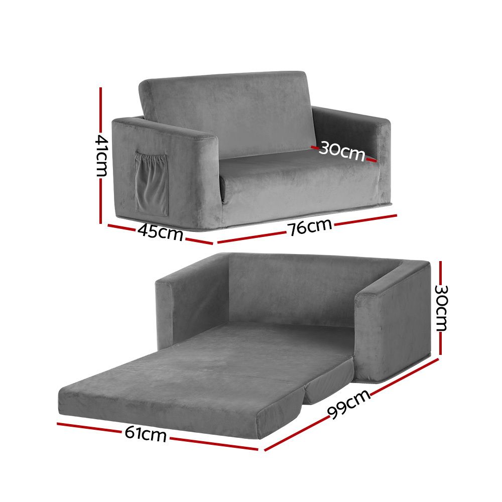 Kids 2 Seater Fold Out Sofa Bed Velvet Couch Grey Armchair