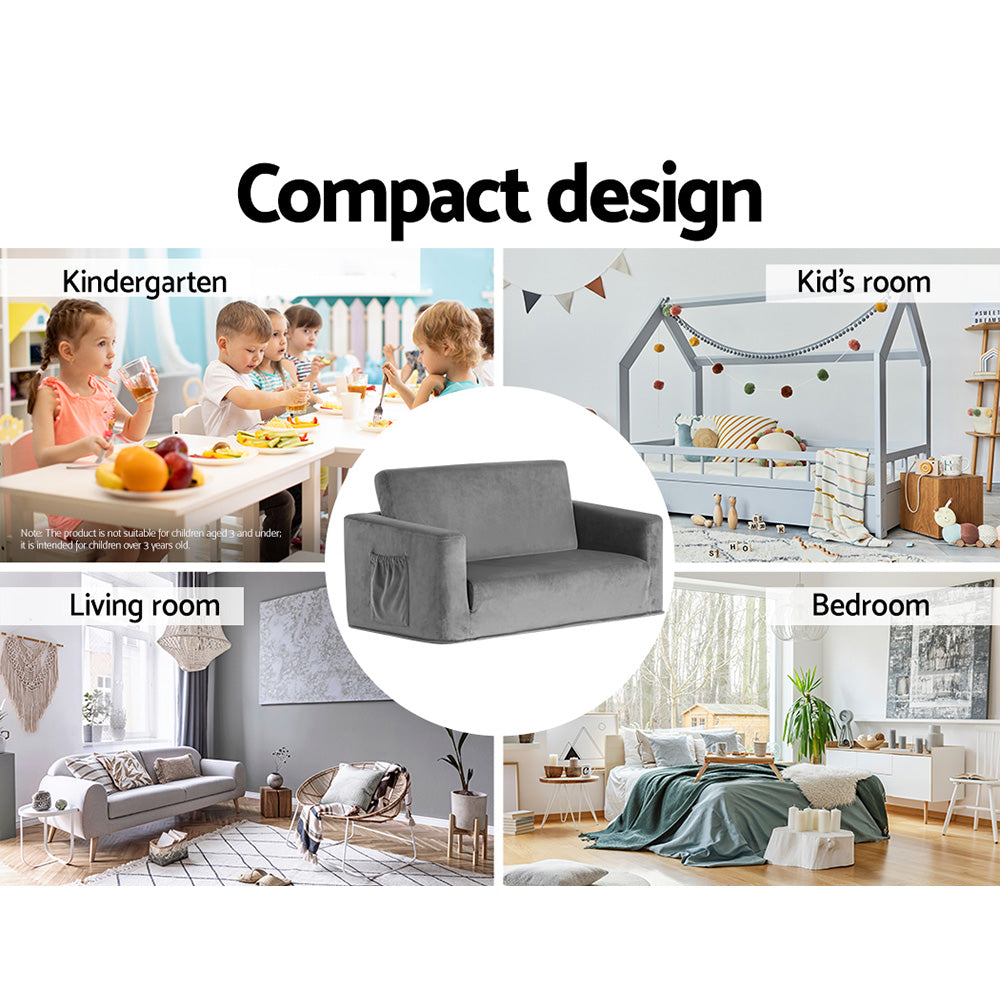 Kids Sofa 2 Seater Children Flip Open Couch Velvet Armchair Grey