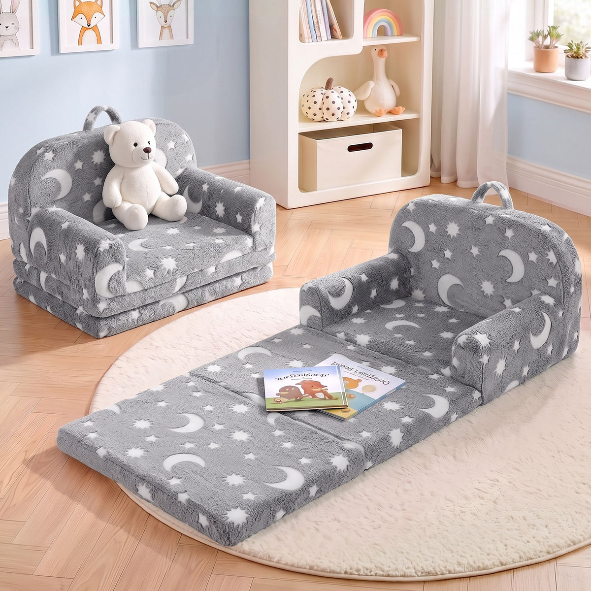 Kids 2-in-1 Fold Out Sofa Bed Glow in the Dark Removable Cover Grey Set