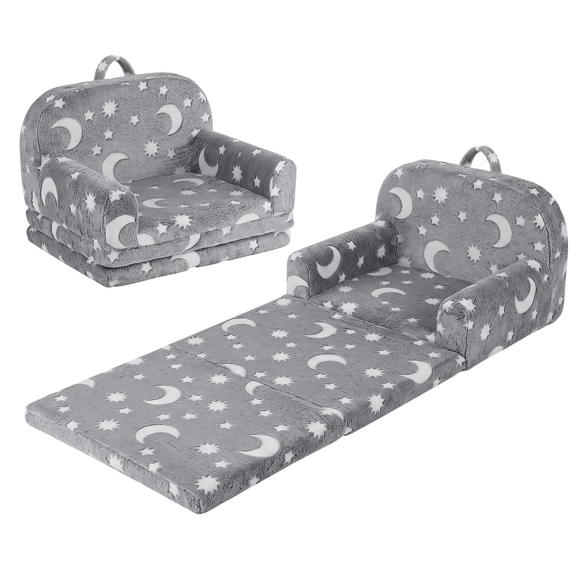 Kids 2-in-1 Fold Out Sofa Bed Glow in the Dark Removable Cover Grey Set