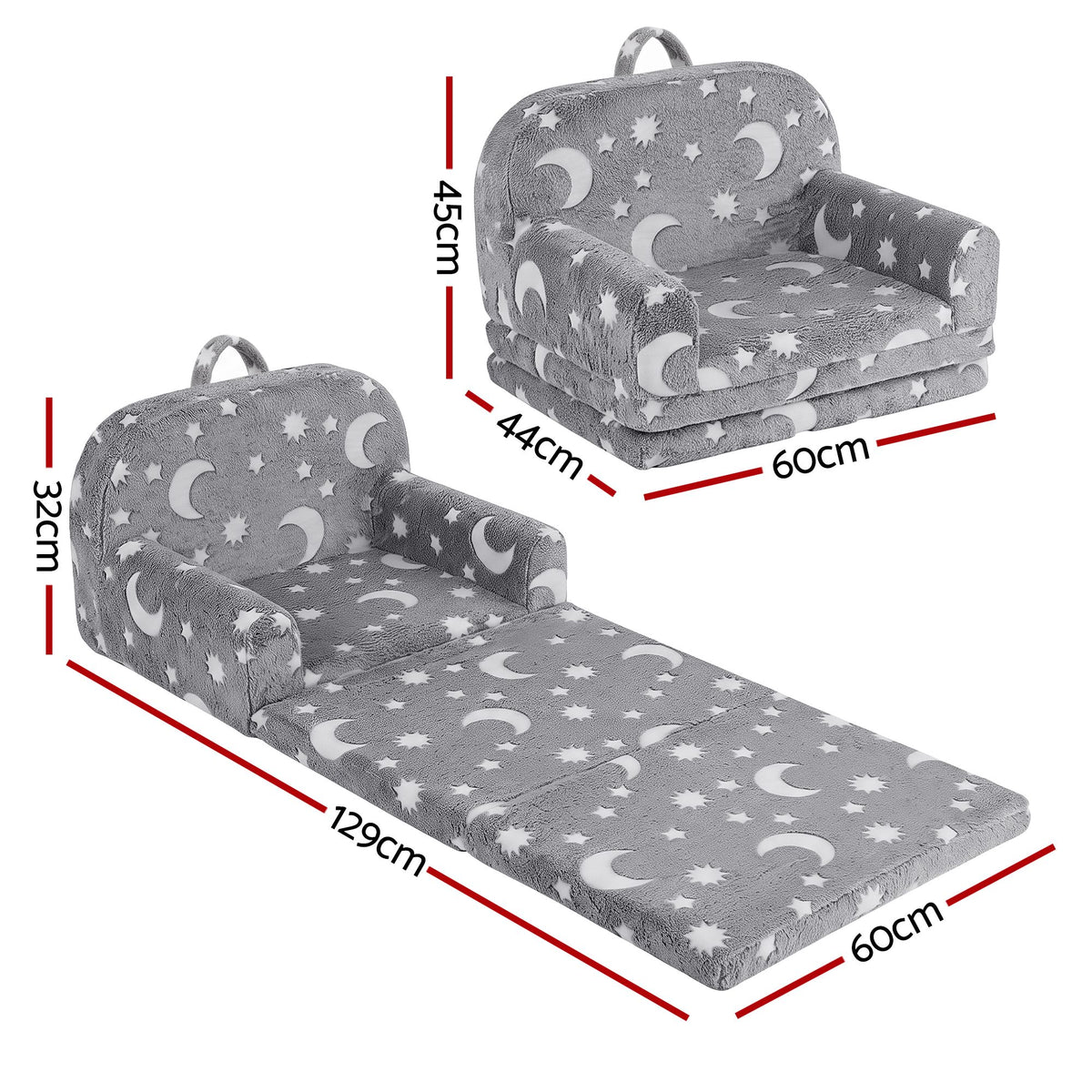 Kids 2-in-1 Fold Out Sofa Bed Glow in the Dark Removable Cover Grey Set