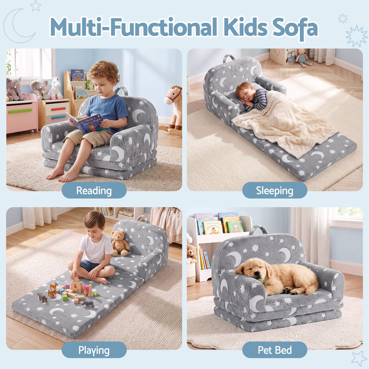 Kids 2-in-1 Fold Out Sofa Bed Glow in the Dark Removable Cover Grey Set