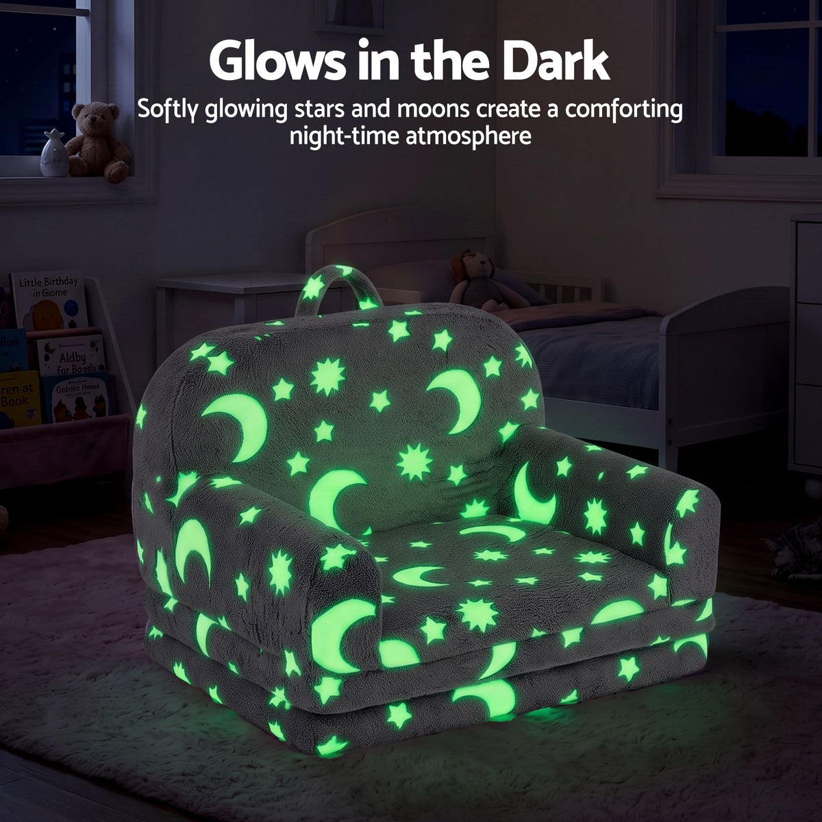Kids 2-in-1 Fold Out Sofa Bed Glow in the Dark Removable Cover Grey Set