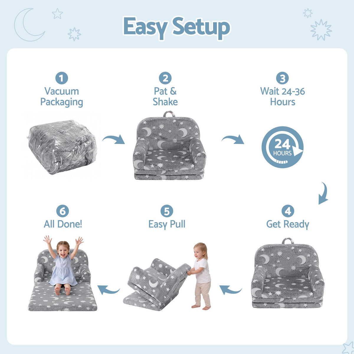 Kids 2-in-1 Fold Out Sofa Bed Glow in the Dark Removable Cover Grey Set