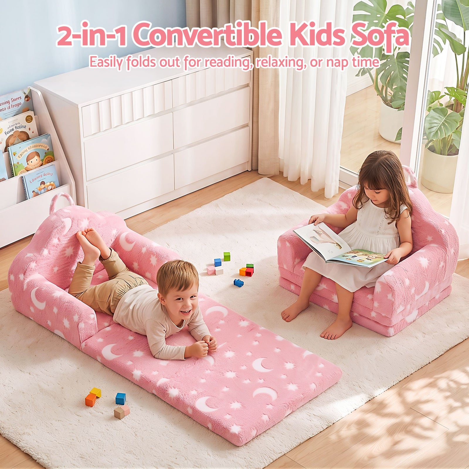 Kids 2-in-1 Fold Out Sofa Bed with Removable Washable Cover, Carry Handle, Storage Pocket, Glow in the Dark, Pink